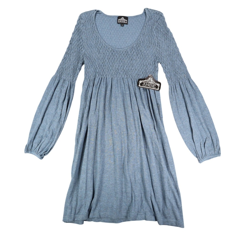 Angie Dress Womens Size M Blue Smocked Knit Bell Sleeve Mini Boho Y2K X4325